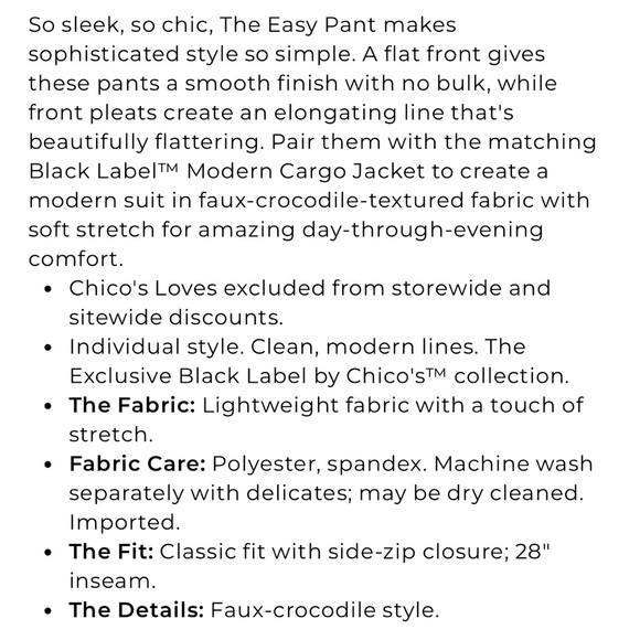 Black Label by Chicos Alabaster Crocodile Easy Pant—12 - Picture 14 of 14